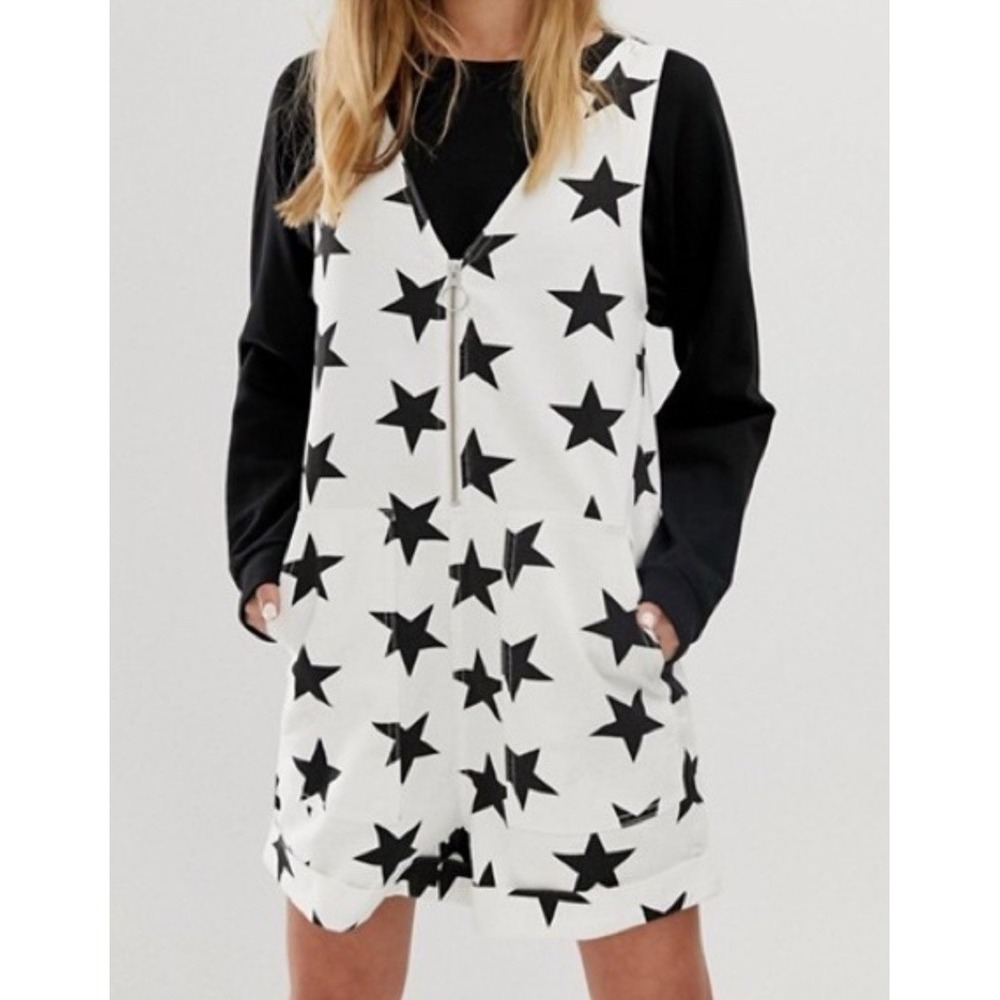 Lazy Oaf Romper 12 Stars In Your Eyes Denim White Pockets Zip Sleeveless Cotton